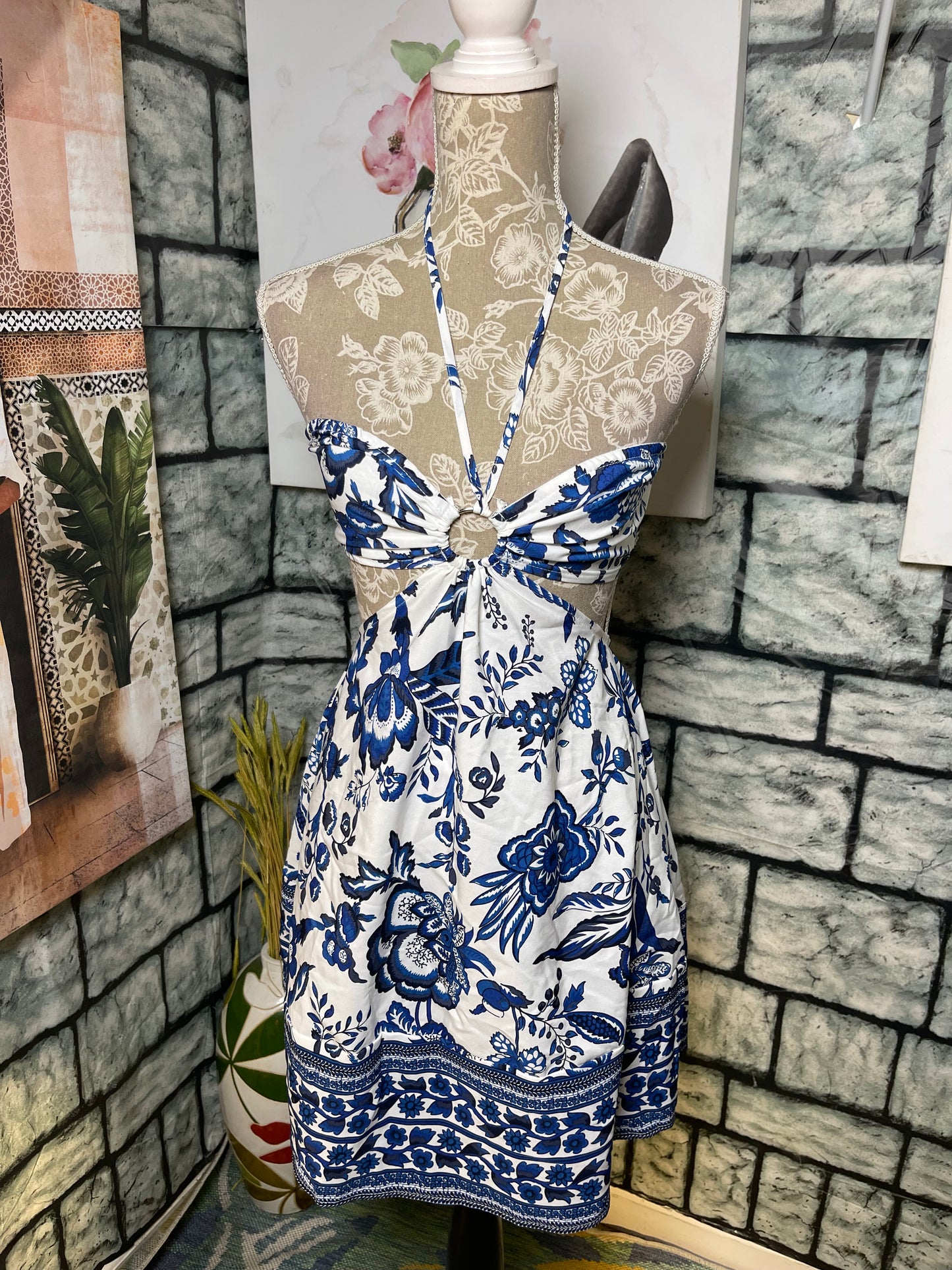 Shein Blue White Floral Dress Women sz Small