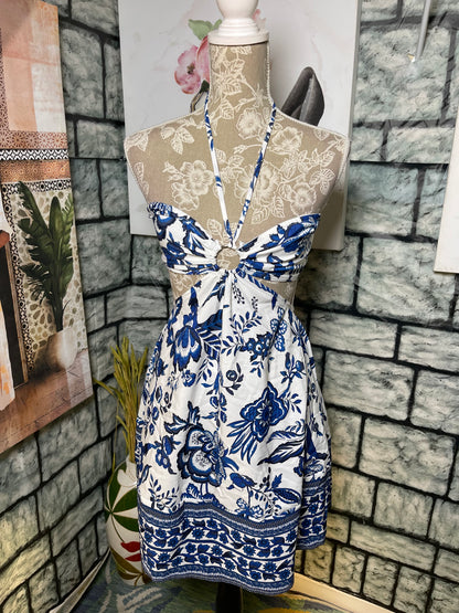Shein Blue White Floral Dress Women sz Small