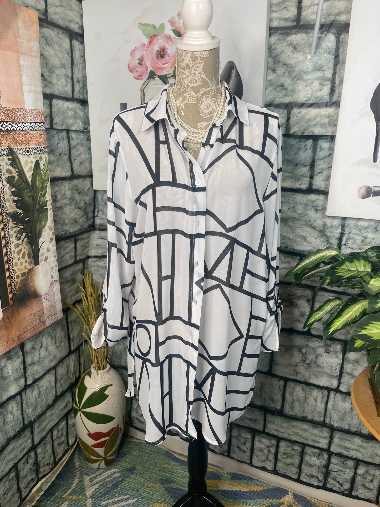Life Black White Button Blouse Women sz XL