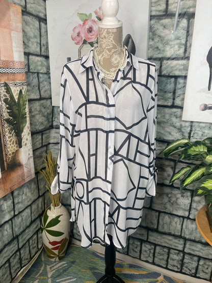 Life Black White Button Blouse Women sz XL