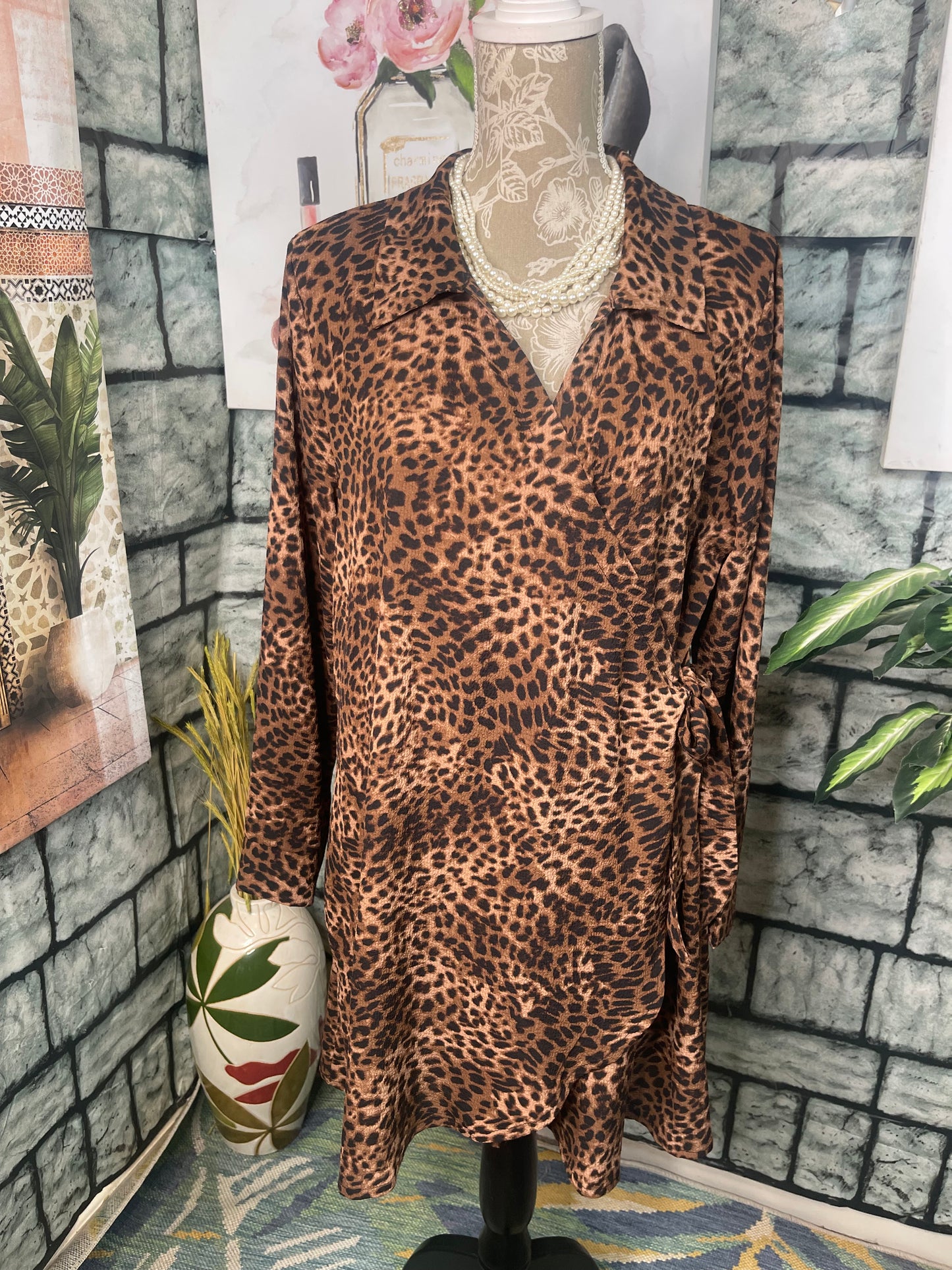Time & Tru Brown Black Print Dress Women sz Large