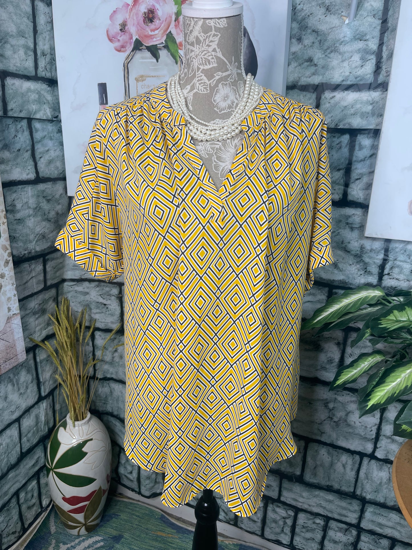 Worthington Yellow Black Blouse Women sz Large