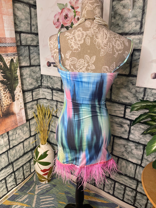 NEW Blue Pink Fur Dress Women sz Small & Medium