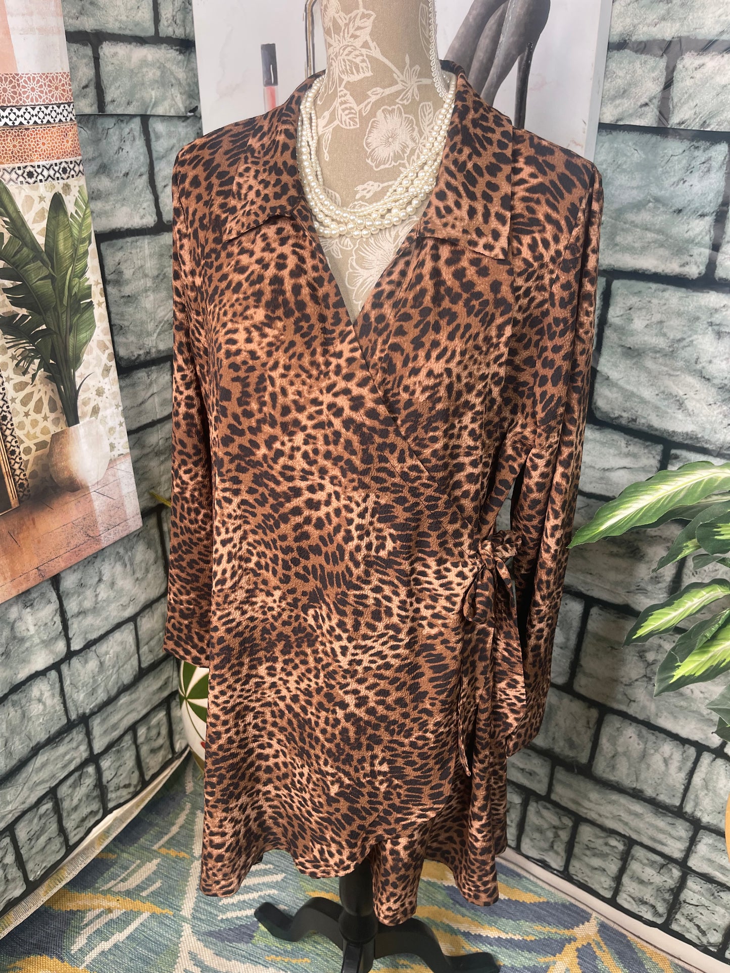 Time & Tru Brown Black Print Dress Women sz Large