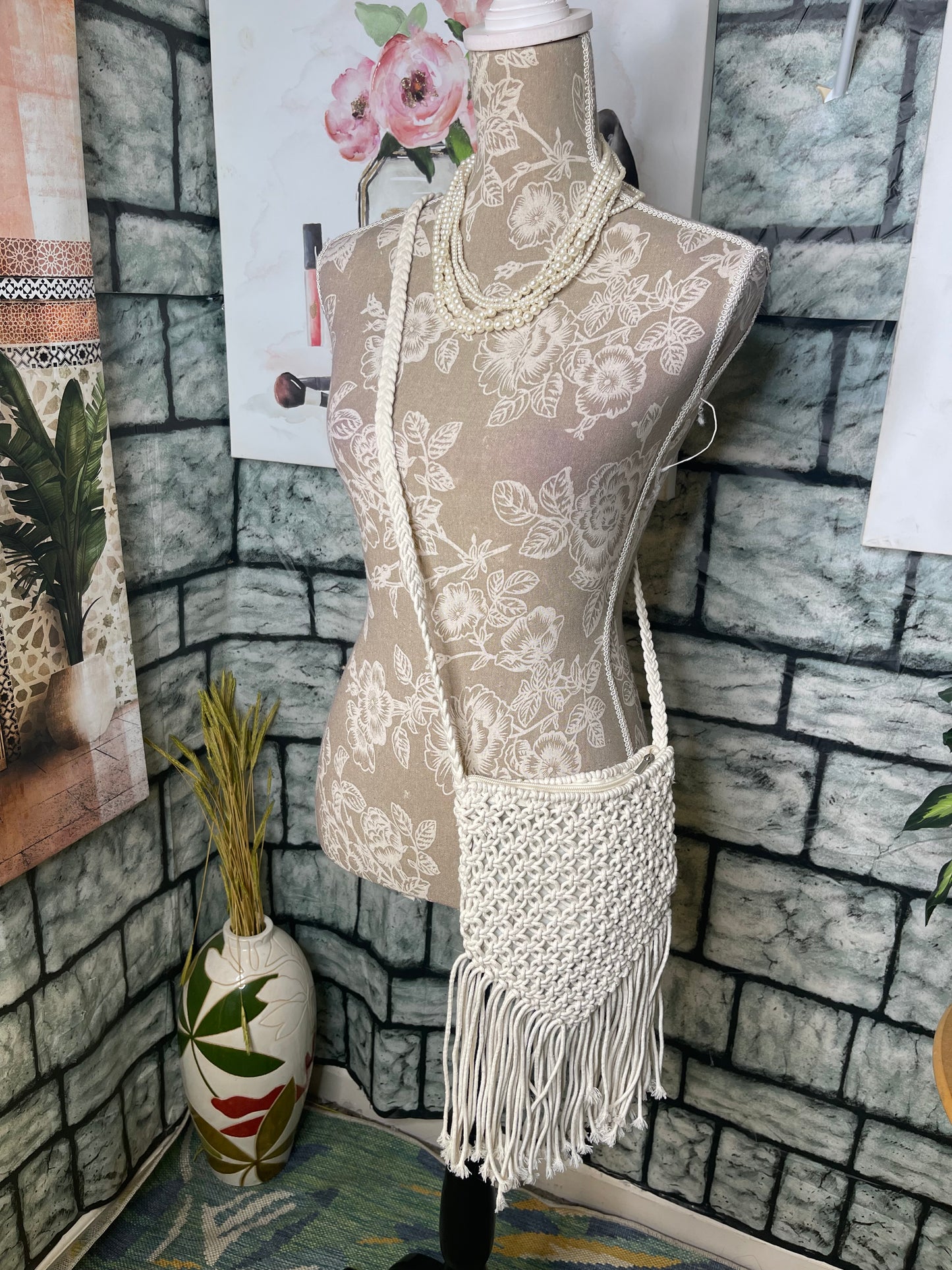 Beige Fringe Crossbody Bag