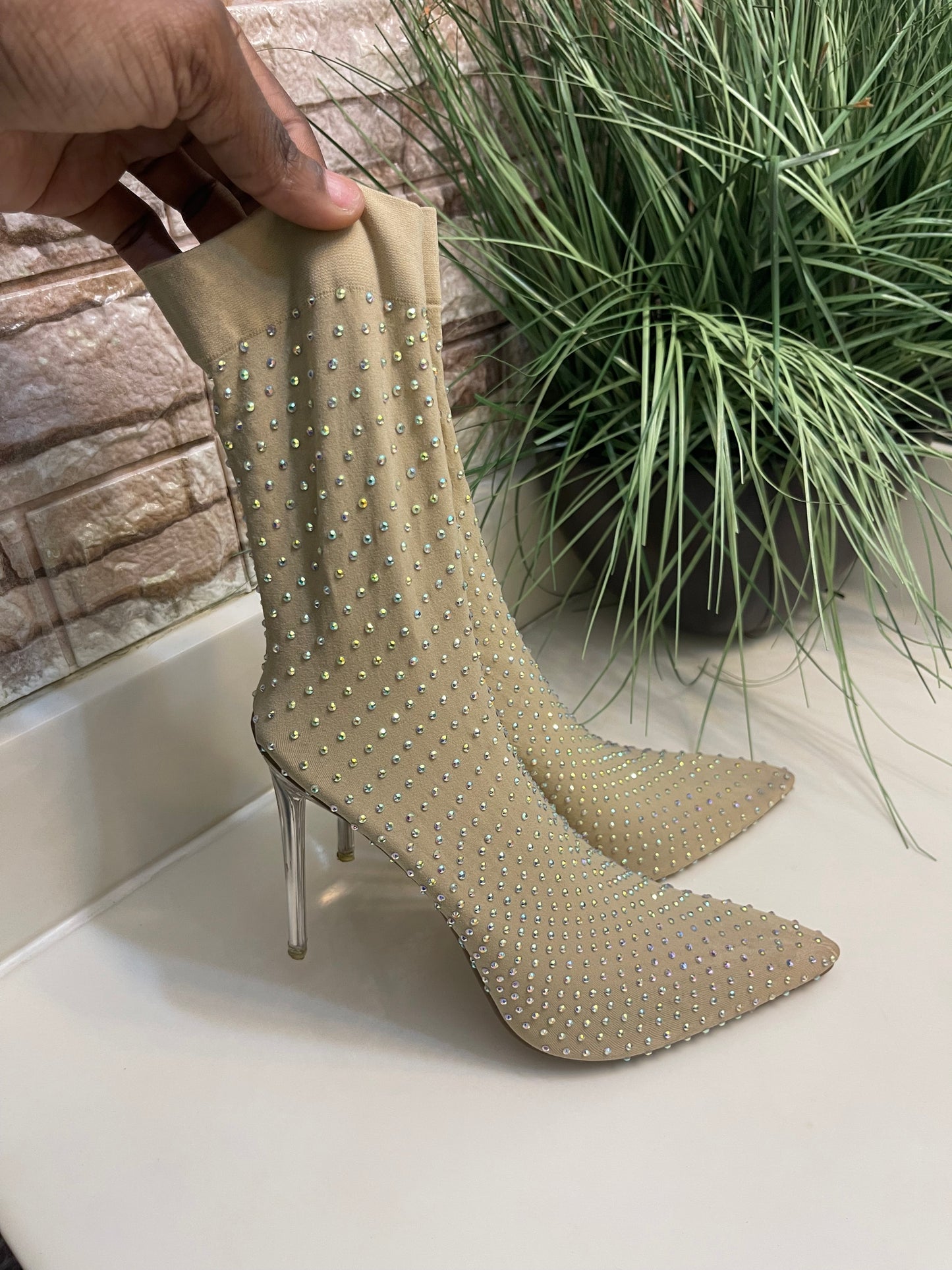 Fashion Nova nude rhinestone stocking heels women sz 8