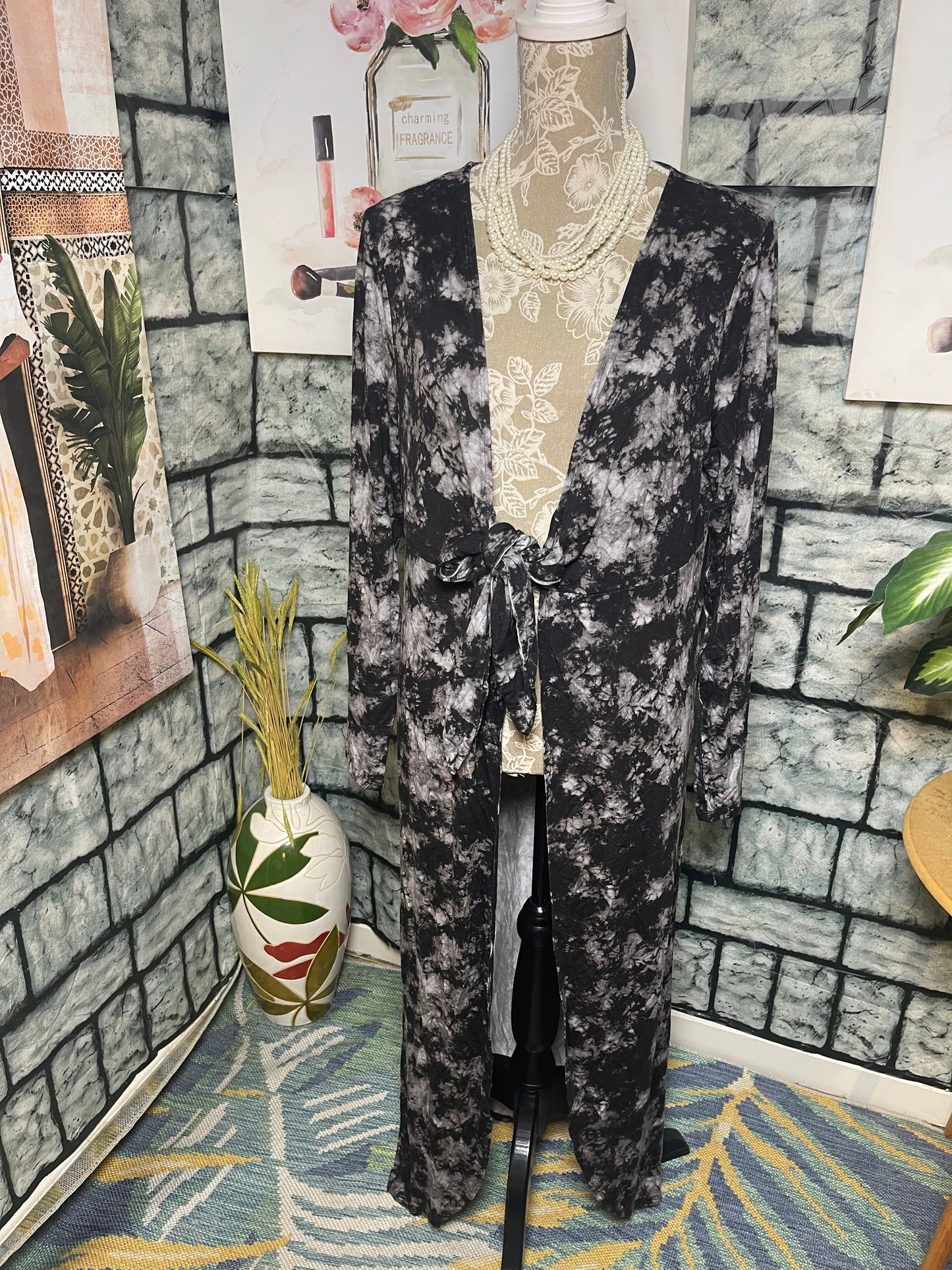 Colleen Lopez Black Gray Duster Blouse Women sz Large