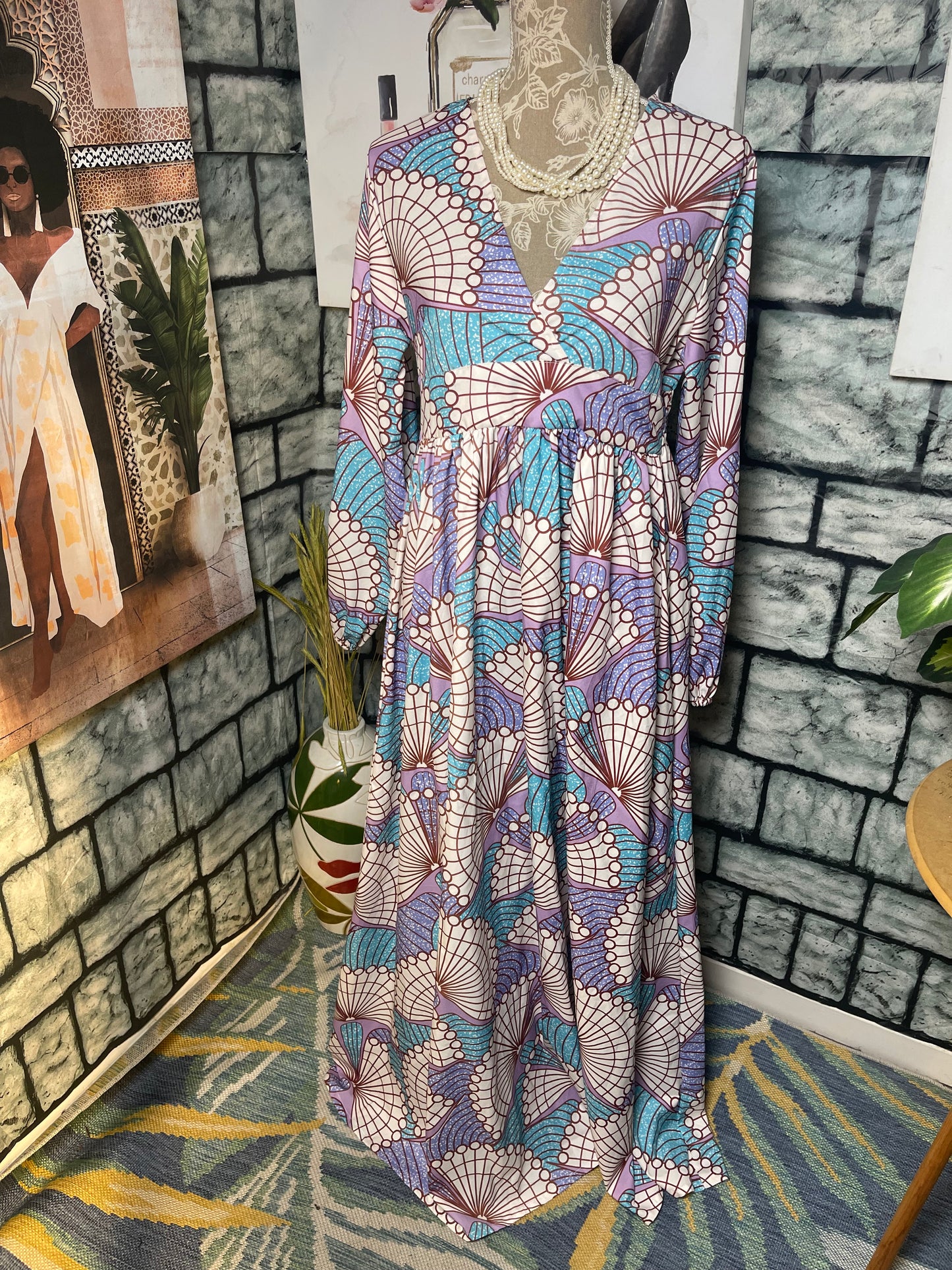 Blue Purple Print Dress Women sz Medium