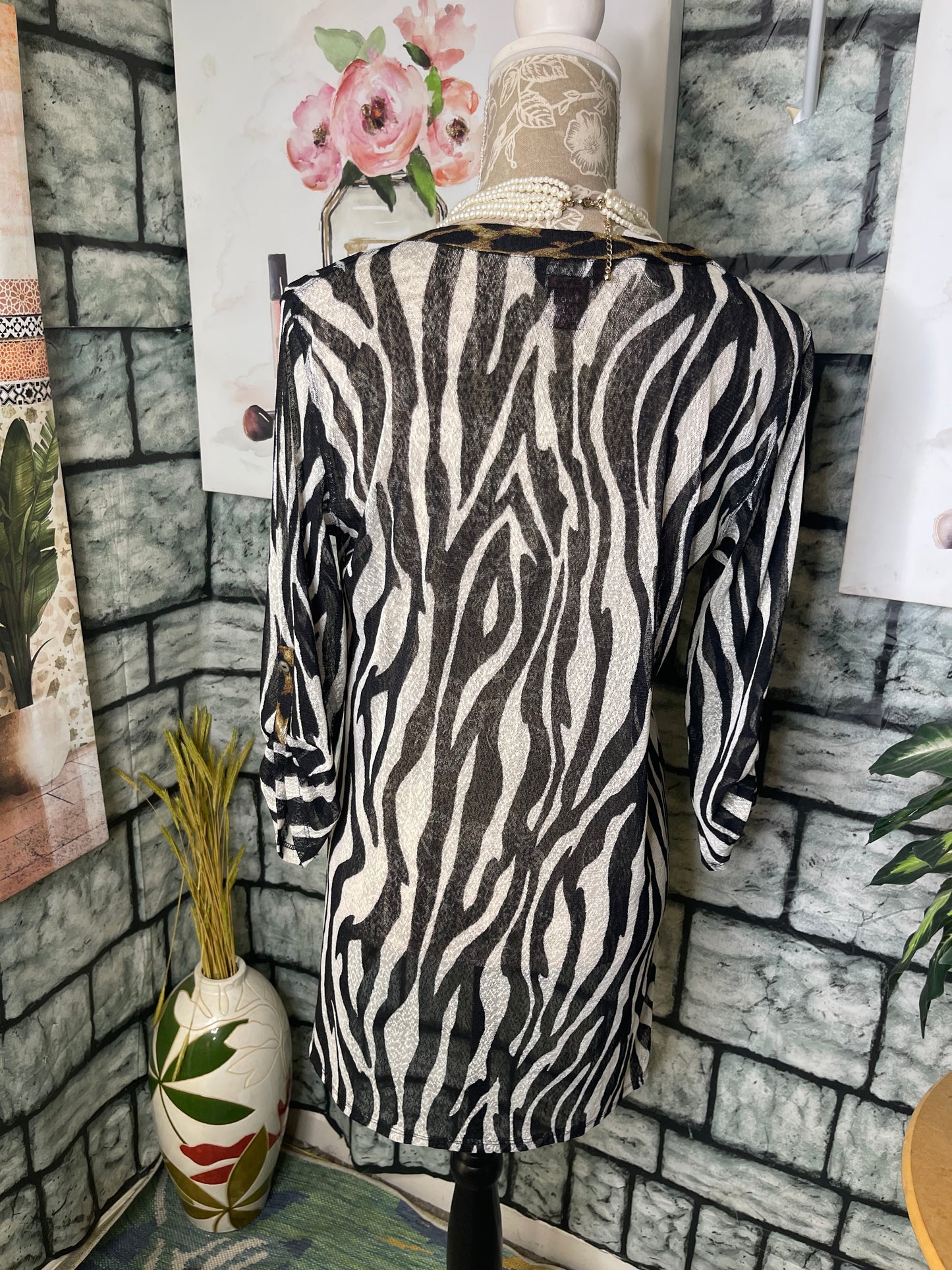 Multiples Black Brown Print Blouse Women sz Small