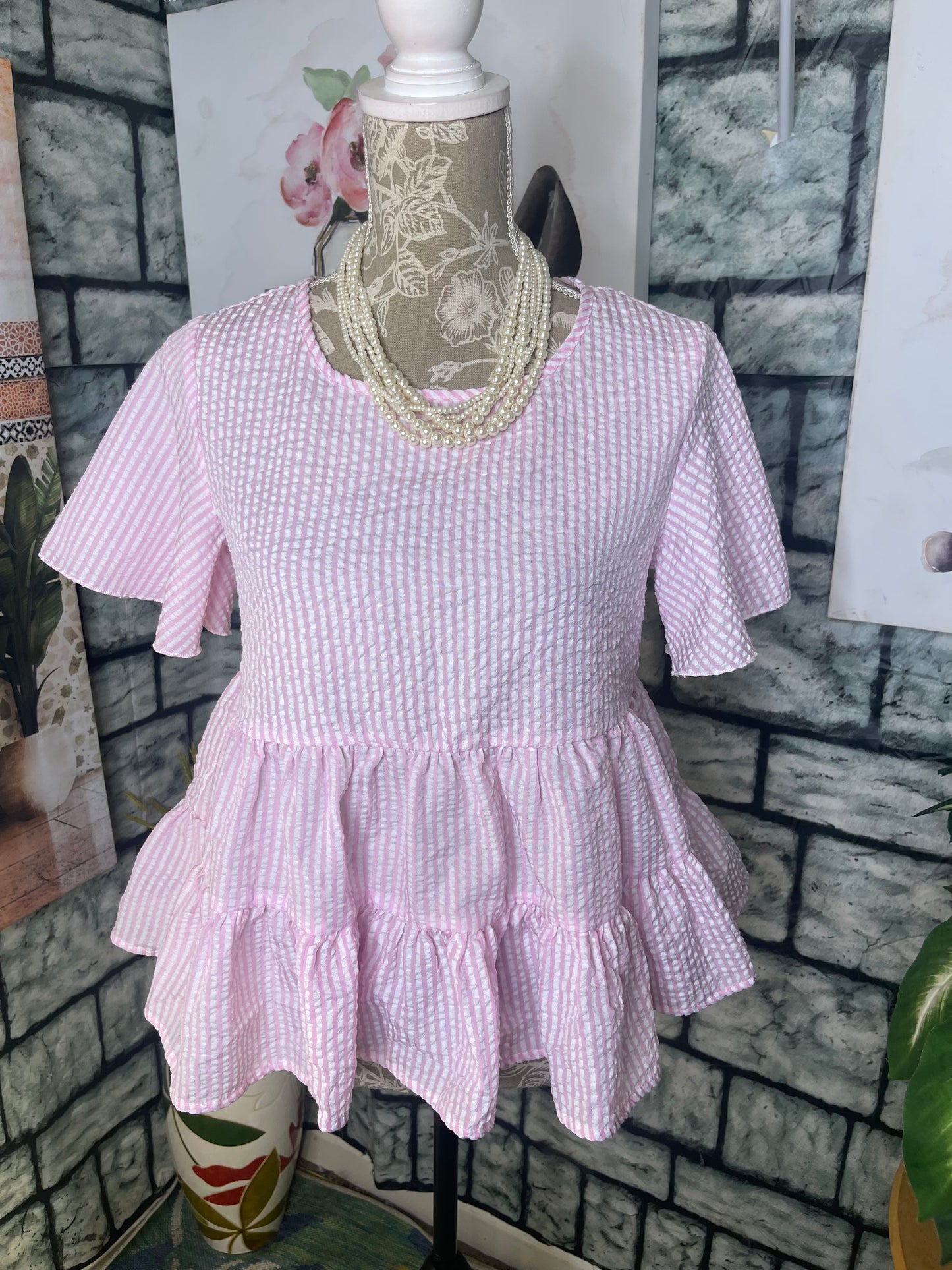 Shein Pink White Blouse Women sz Small