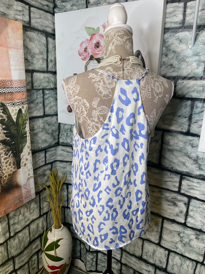 Tyche White Blue Print Blouse Women sz Medium