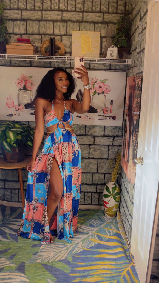 NEW V Cut Maxi Dress  Blue Print Women S-L