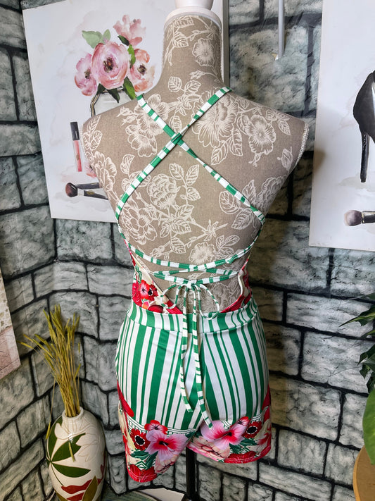 Pink Green Floral Romper Women sz Small