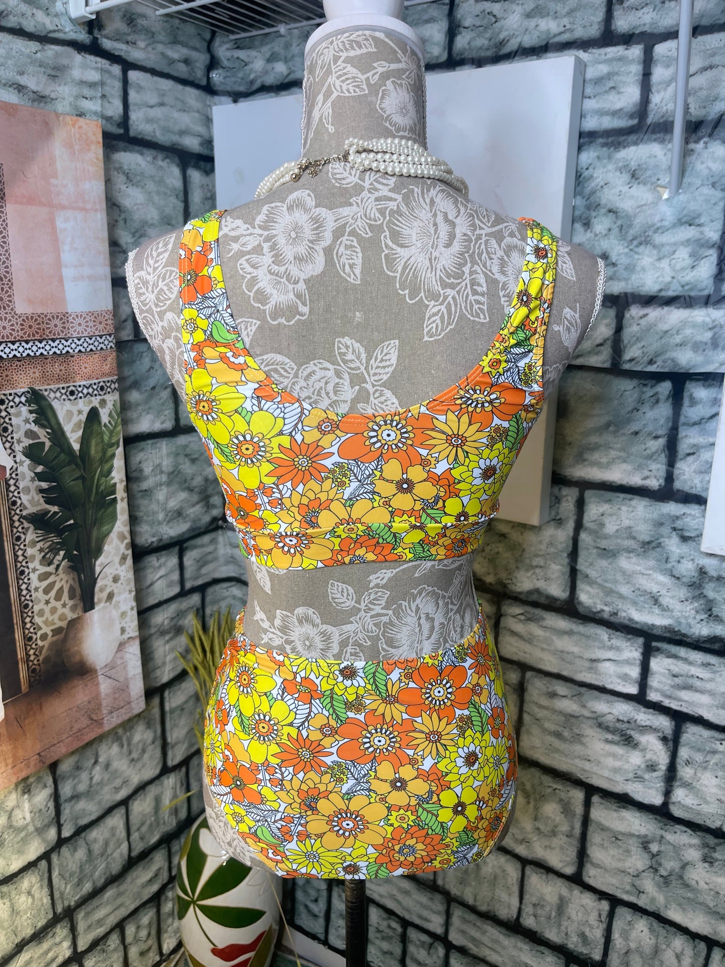 Romwe Yellow Floral Swimsuit Women sz Small