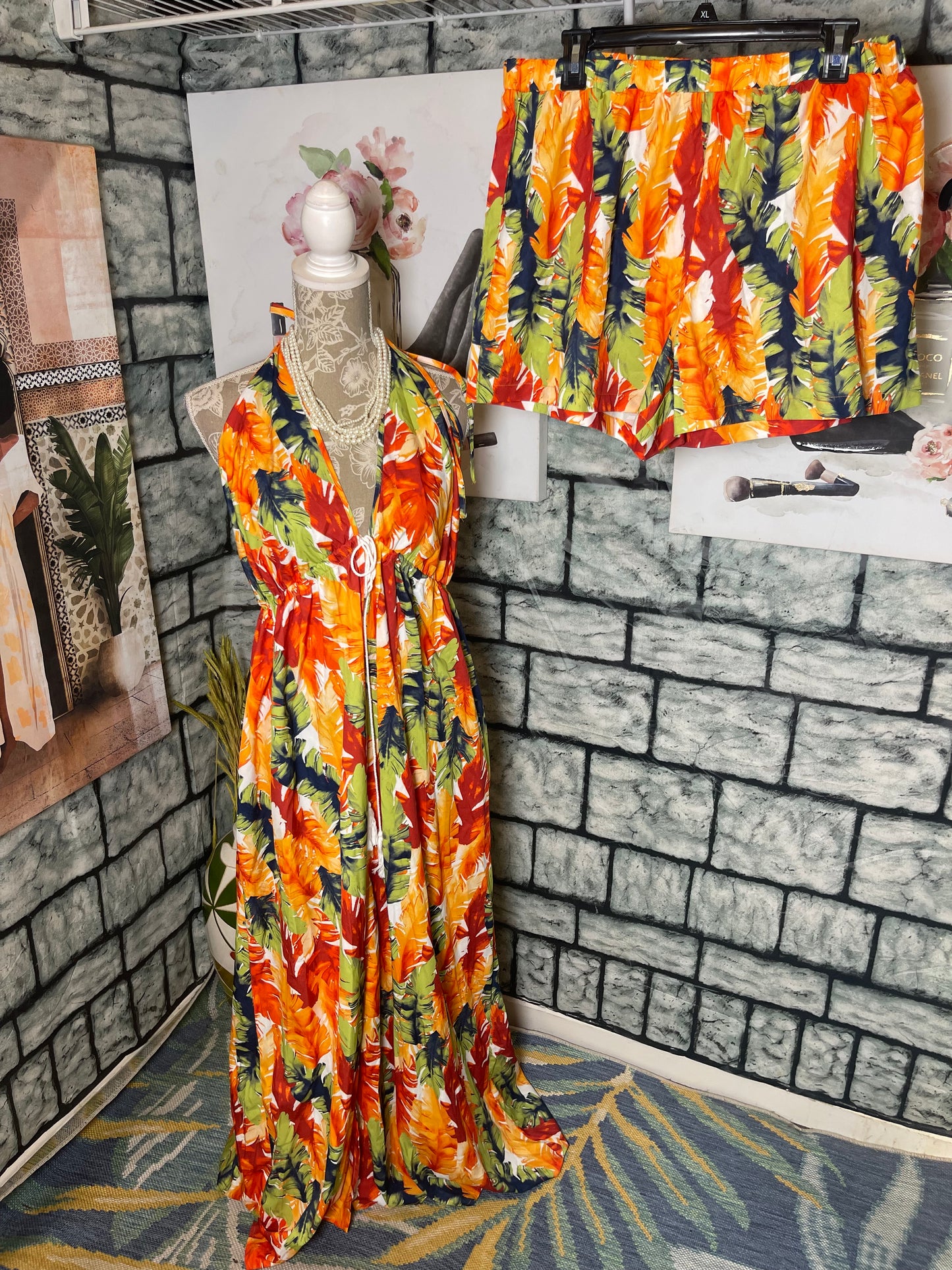 Shein Orange Print 2 piece Women sz 1XL
