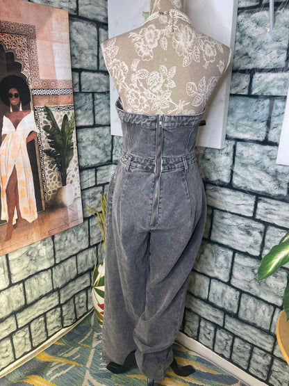 Pretty Little Thing Gray Denim Jumpsuit Women sz 6