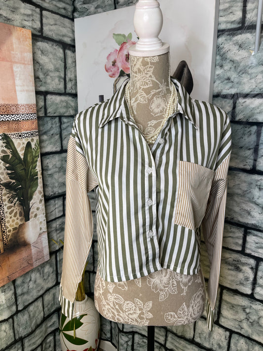 Spoon Green Tan Button Blouse Women sz Medium