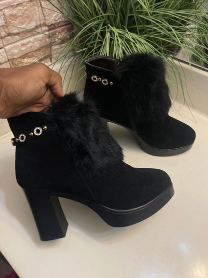 Black Fur Heels Women sz 8.5
