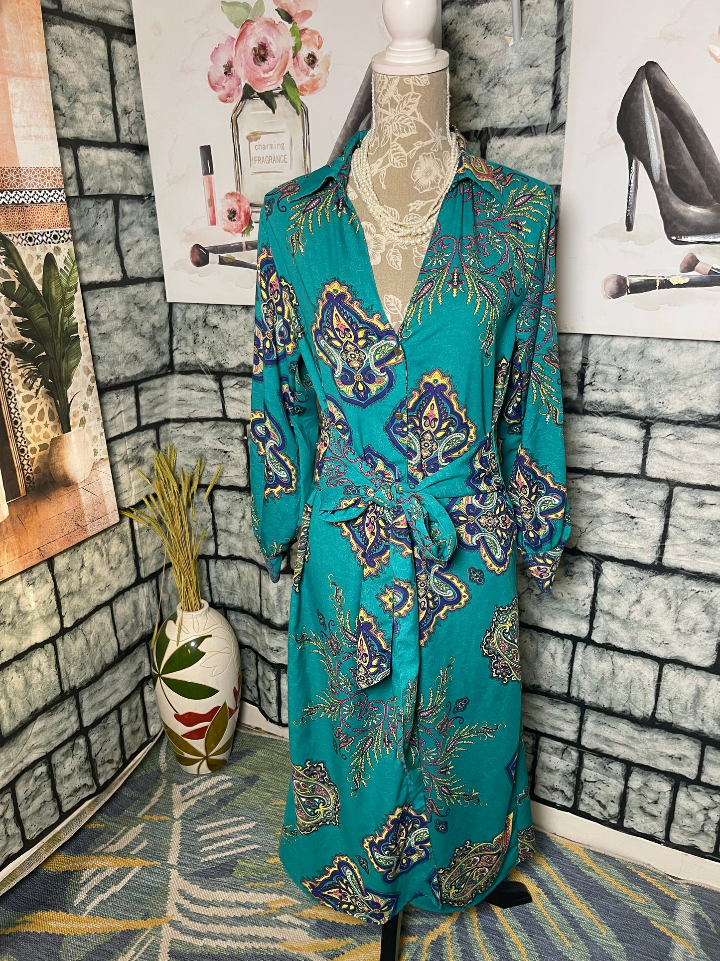 Boemo Green Button Dress Women Sz Medium