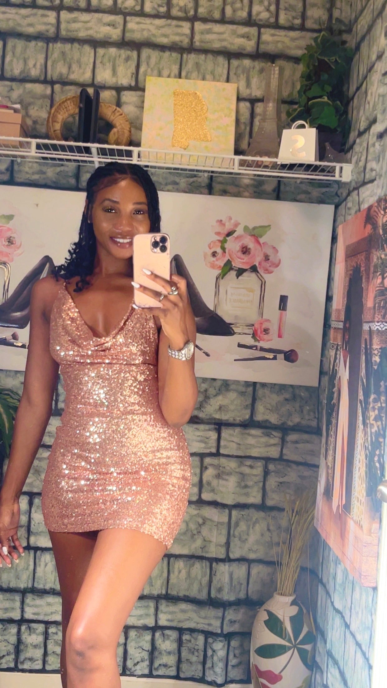 Fashion Nova Rose Gold Sequin Dress Women sz Medium