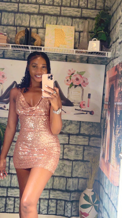 Fashion Nova Rose Gold Sequin Dress Women sz Medium