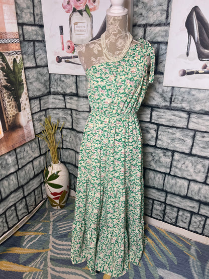 Pretty Garden Green Floral Dress Women sz Medium