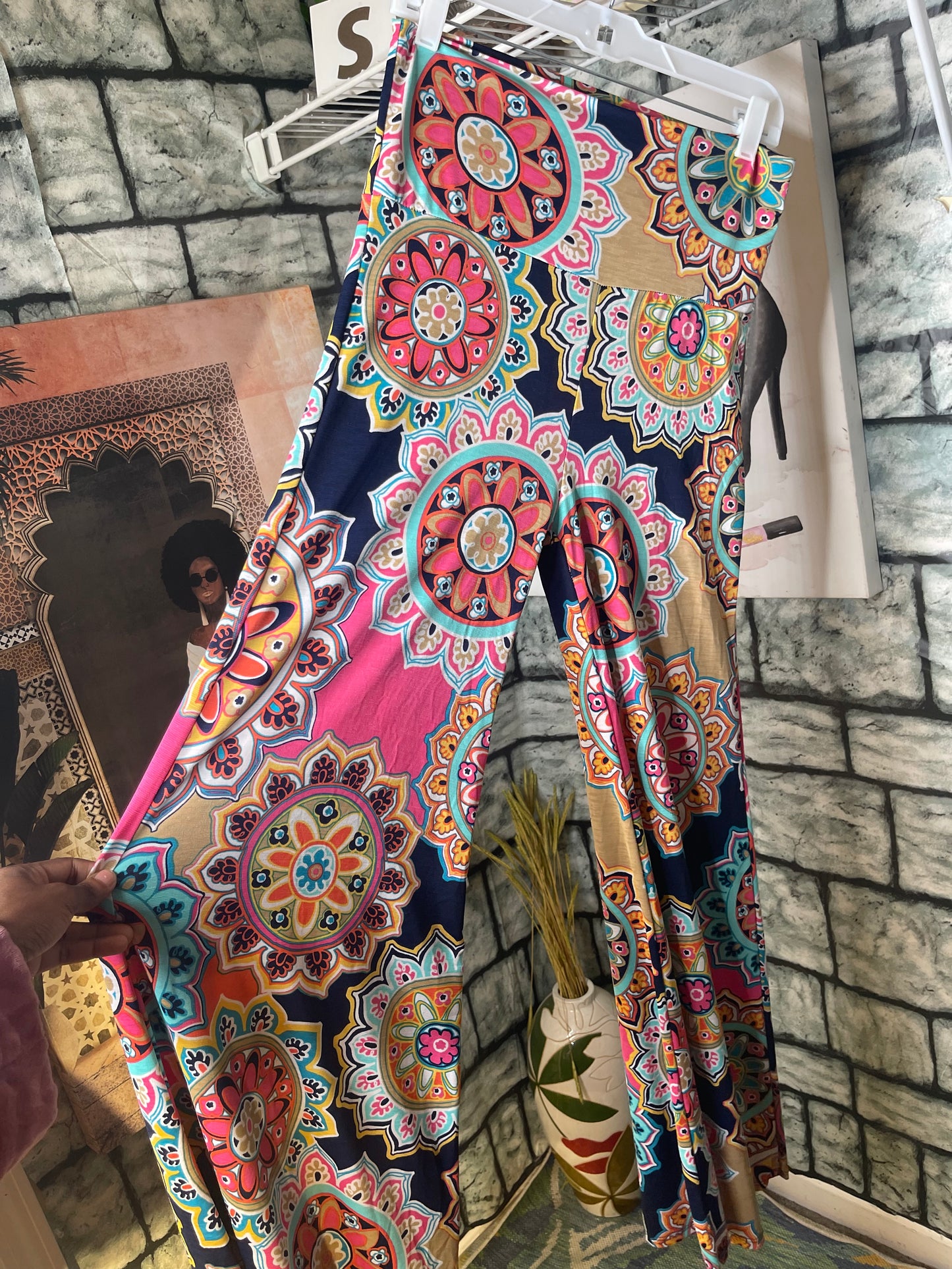 Blue Pink Print Stretch Pants Women sz Large