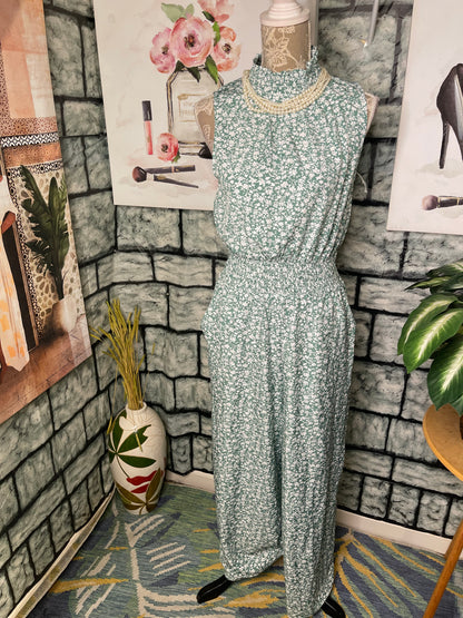 Green White Floral Jumpsuit Women sz Small