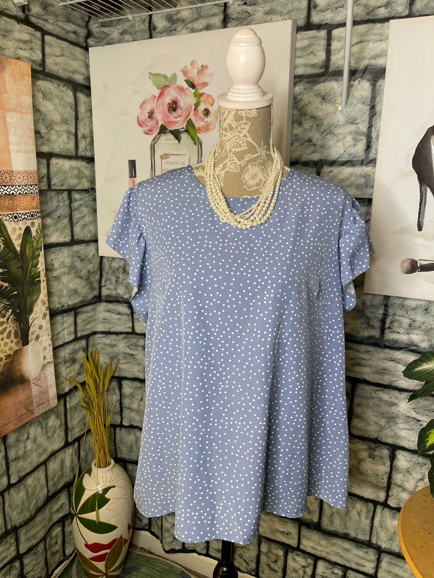 Shein Blue White polka Dot Blouse Women sz 2xl