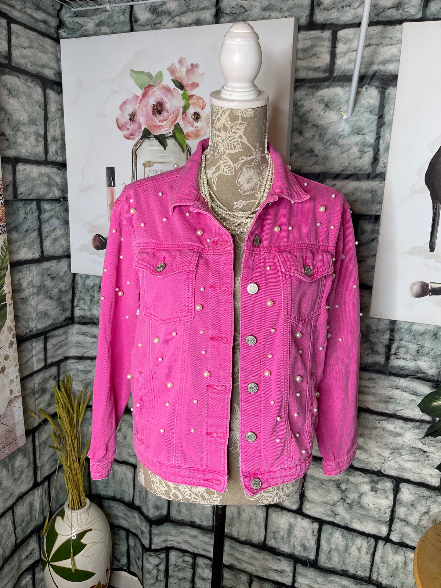 Jess Lea Pink Pearl Denim Jacket Women sz Medium