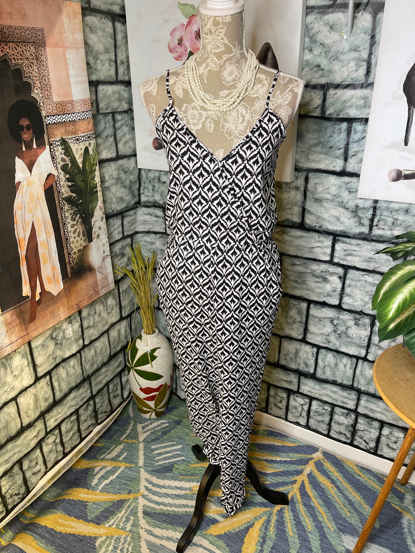 New York & Co Black White Print Jumpsuit Women sz XS