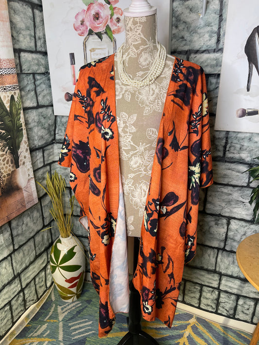 Orange Print Duster Women sz One Size (best fits up to 2XL)