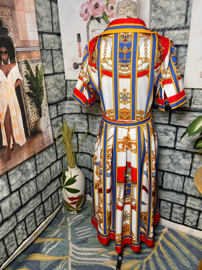 Beige Red Yellow Print Dress Women sz XL