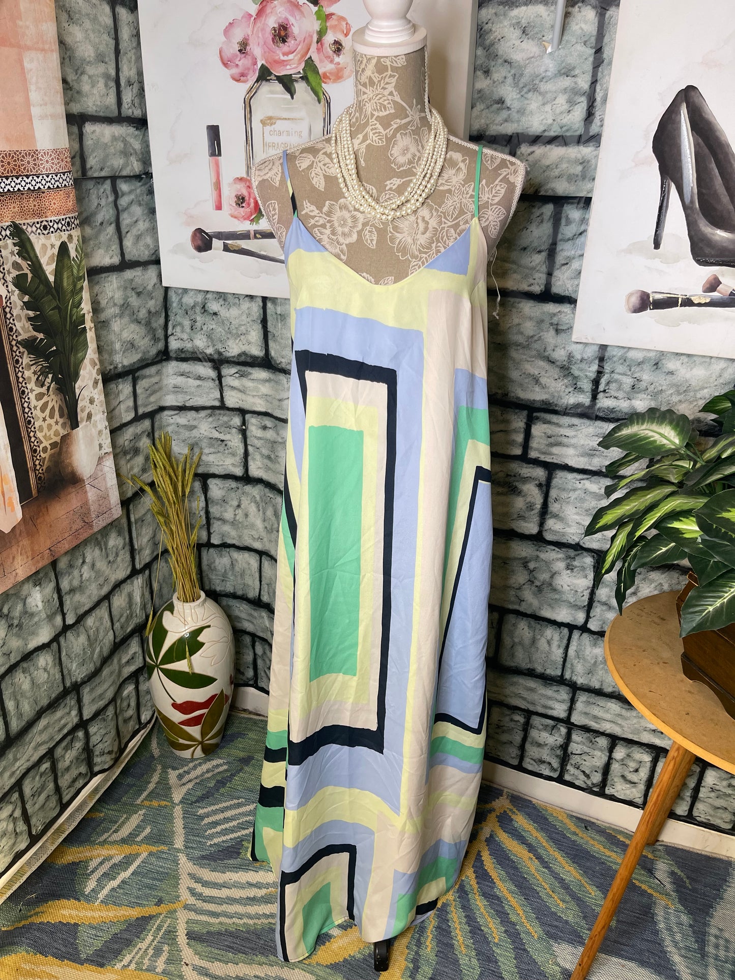 Charlie Jade Beige Blue Dress Women sz Small