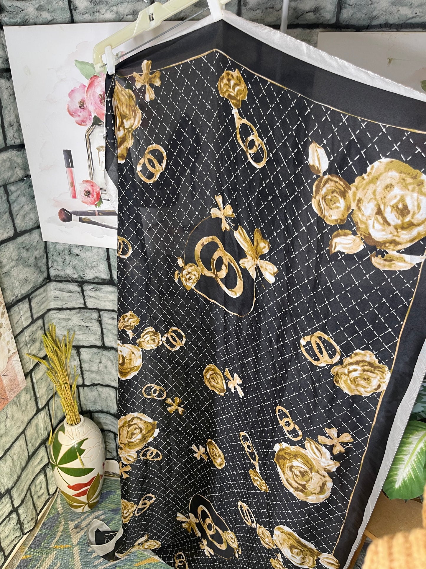 Black Gold Silk Scarf / Wrap