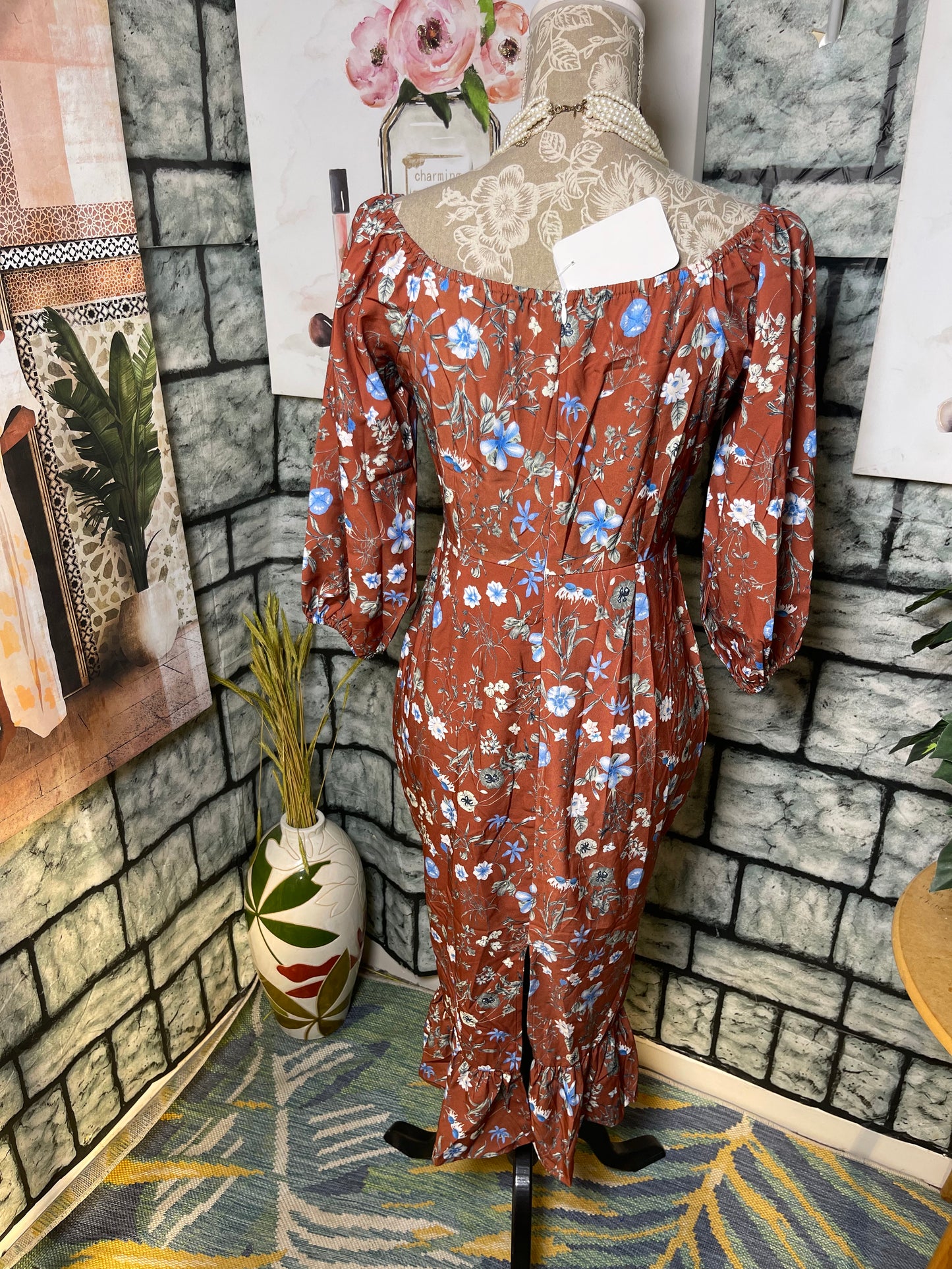 Shein Brown Blue Floral Dress Women sz Small