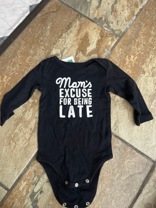 Okie Dokie Black Onesie "Late" Boys Girls sz 12M