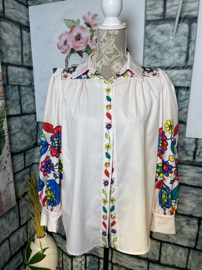 Shein Beige Print Blouse Women sz Small
