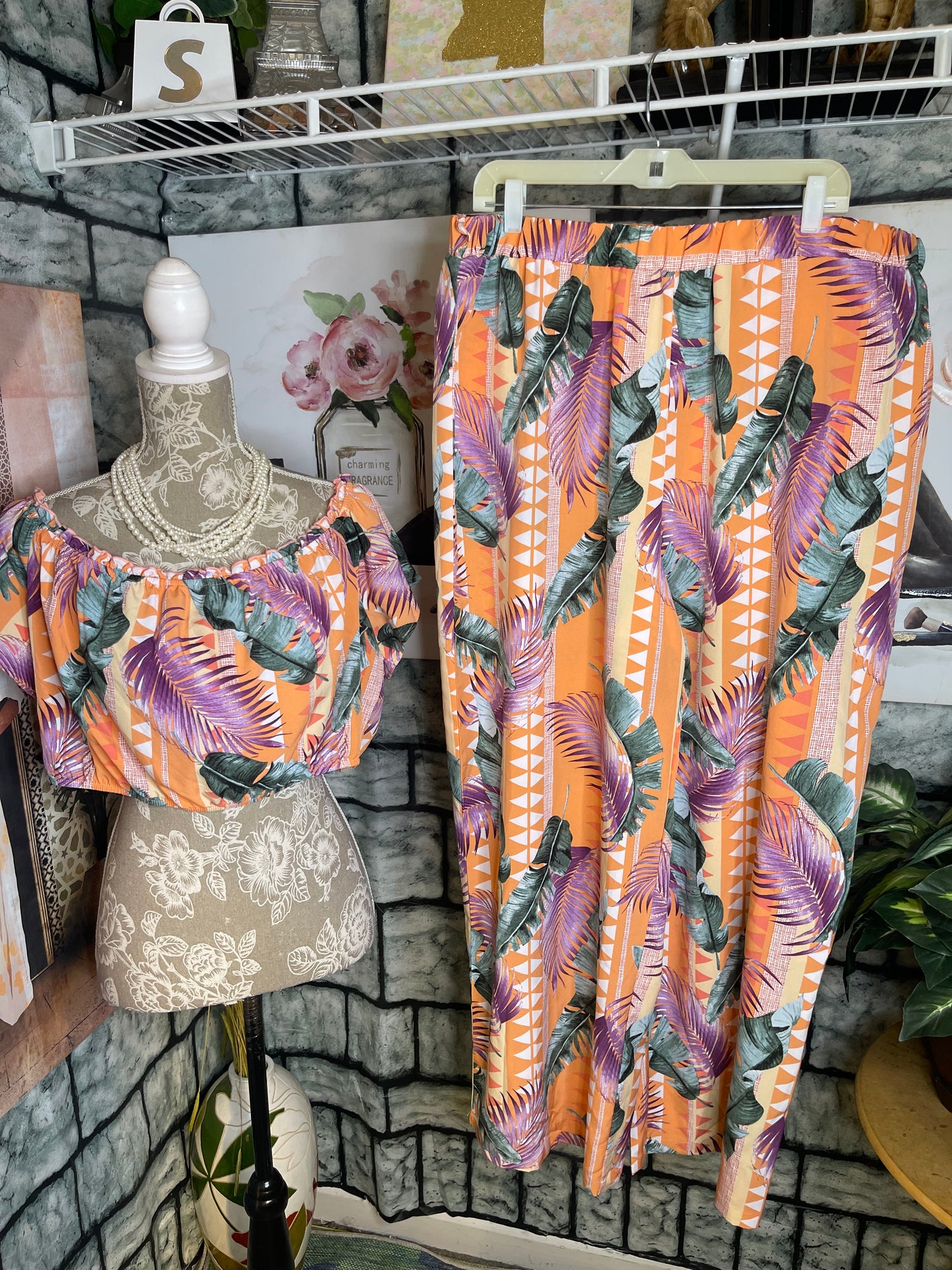 Shein Orange 2 Piece Floral Set Women sz 3XL