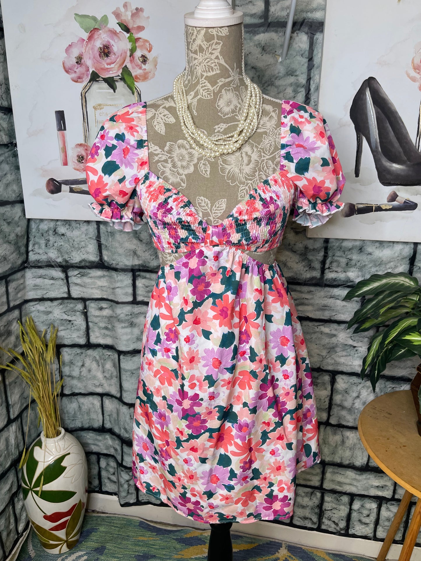 Shein Pink Floral Dress Women sz XS