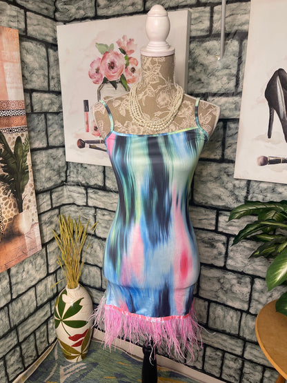 NEW Blue Pink Fur Dress Women sz Small & Medium