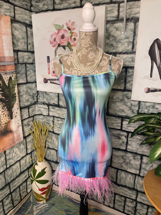 NEW Blue Pink Fur Dress Women sz Small & Medium