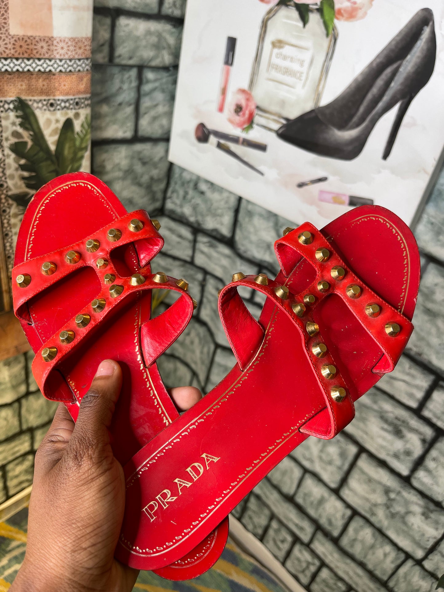 Prada Red Gold Sandals Women sz 41 = sz 10
