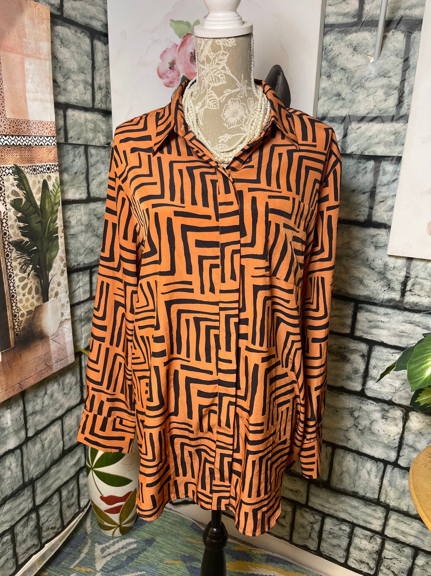 Nine West Orange Black Button Blouse Women sz 2XL