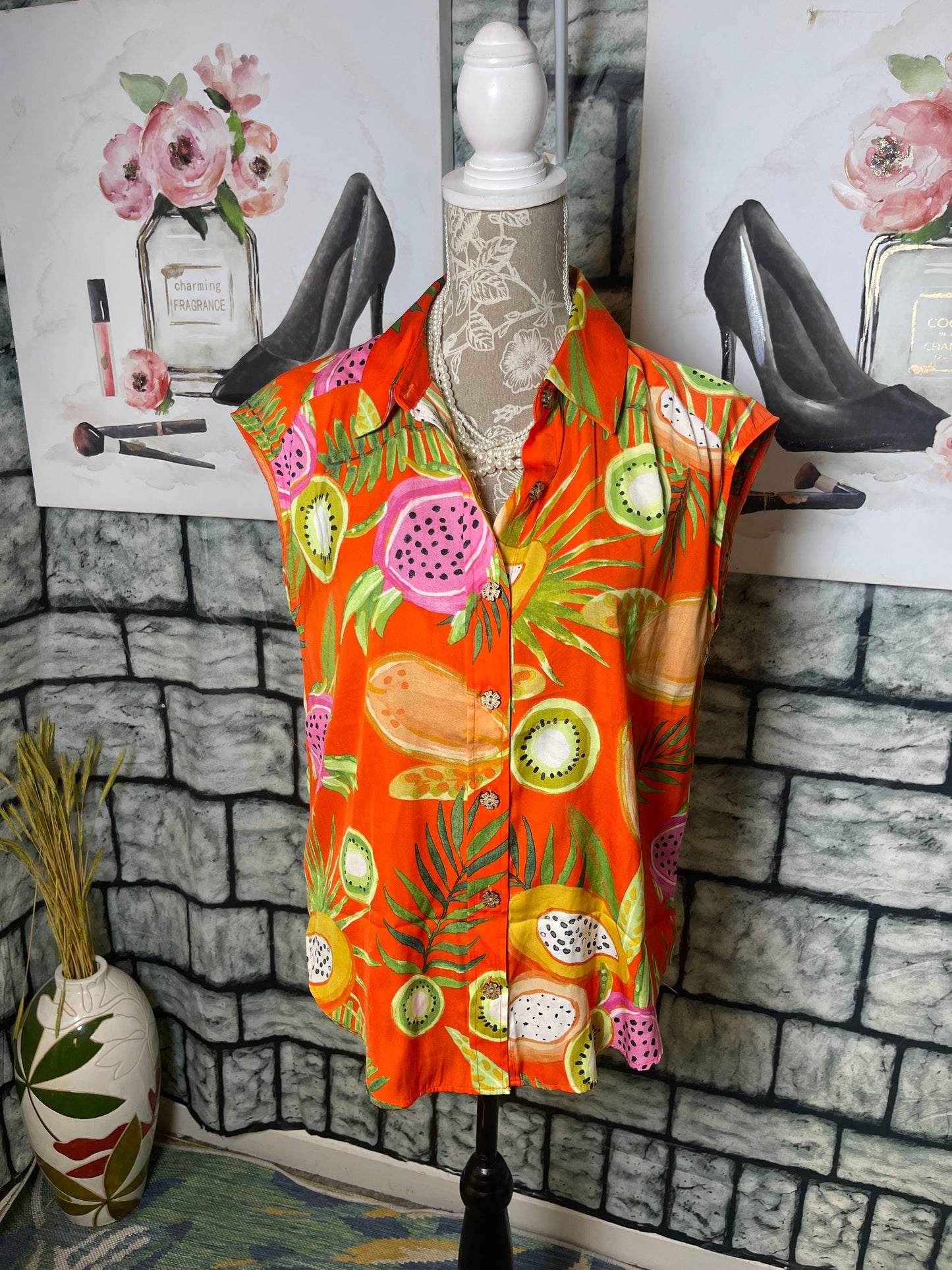 Madison d Amerlie Orange Print blouse Women sz Medium