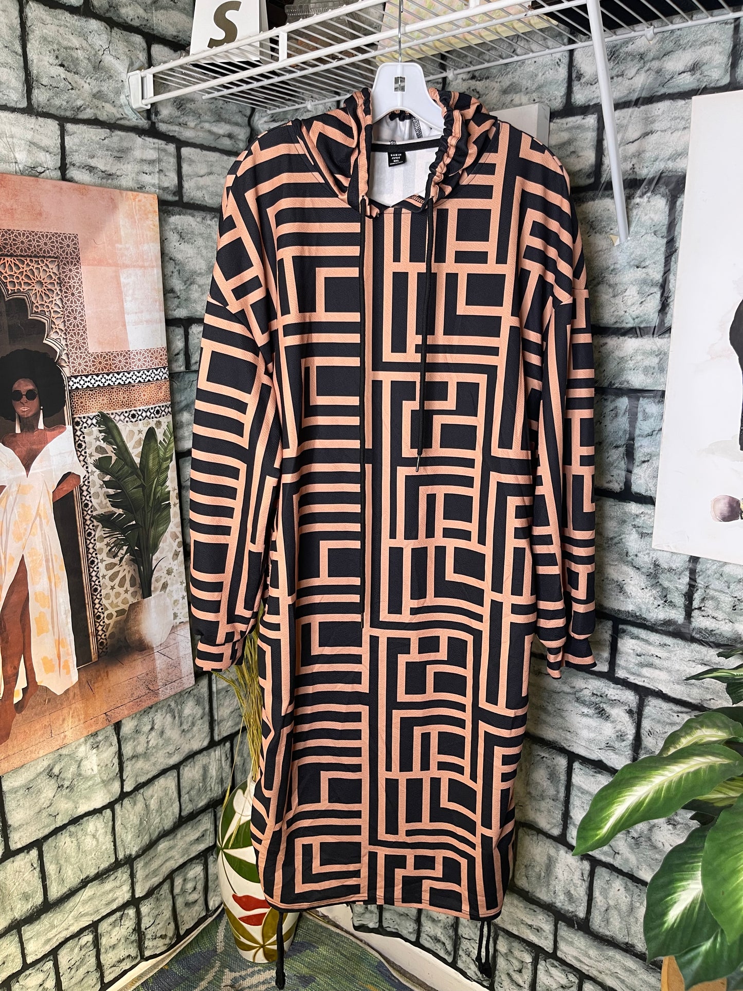 Shein Tan Black Print Dress Women sz 2XL