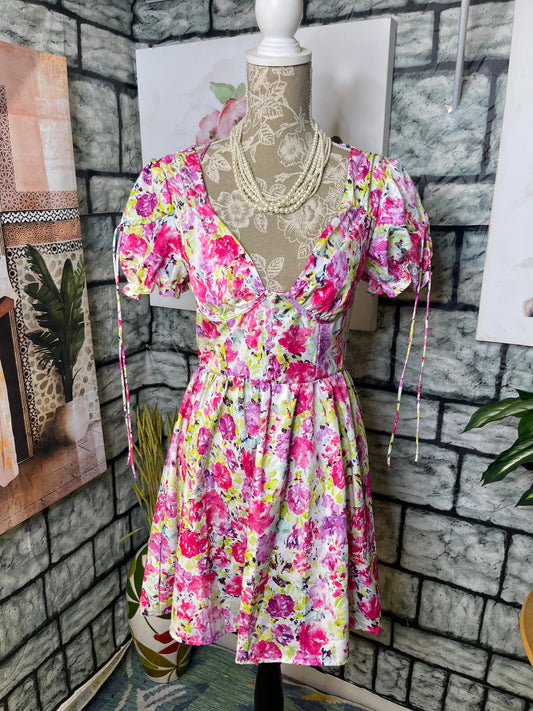 Pink Green Floral Dress Women sz Small