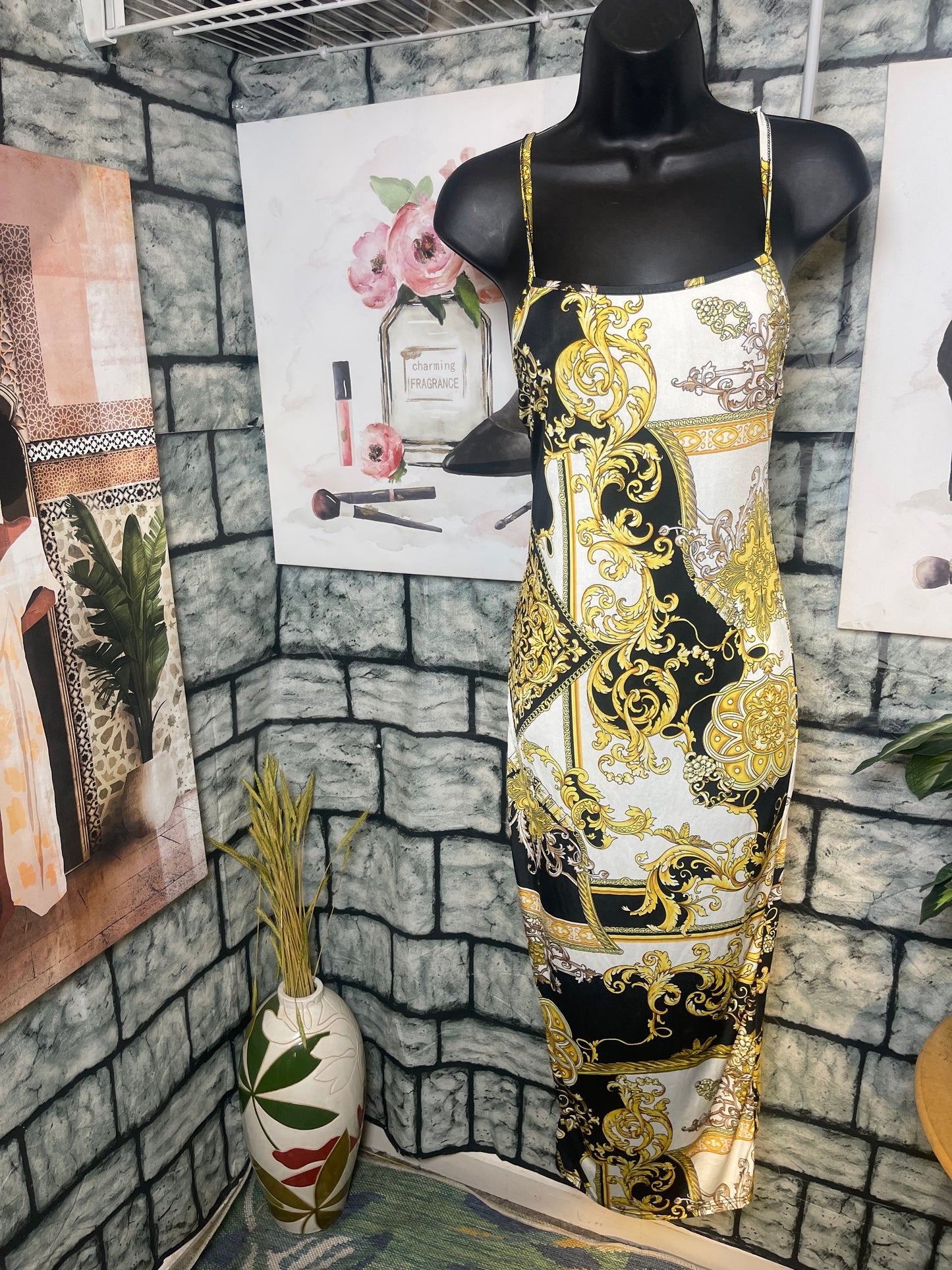Magia Black White Yellow Dress Women sz Medium