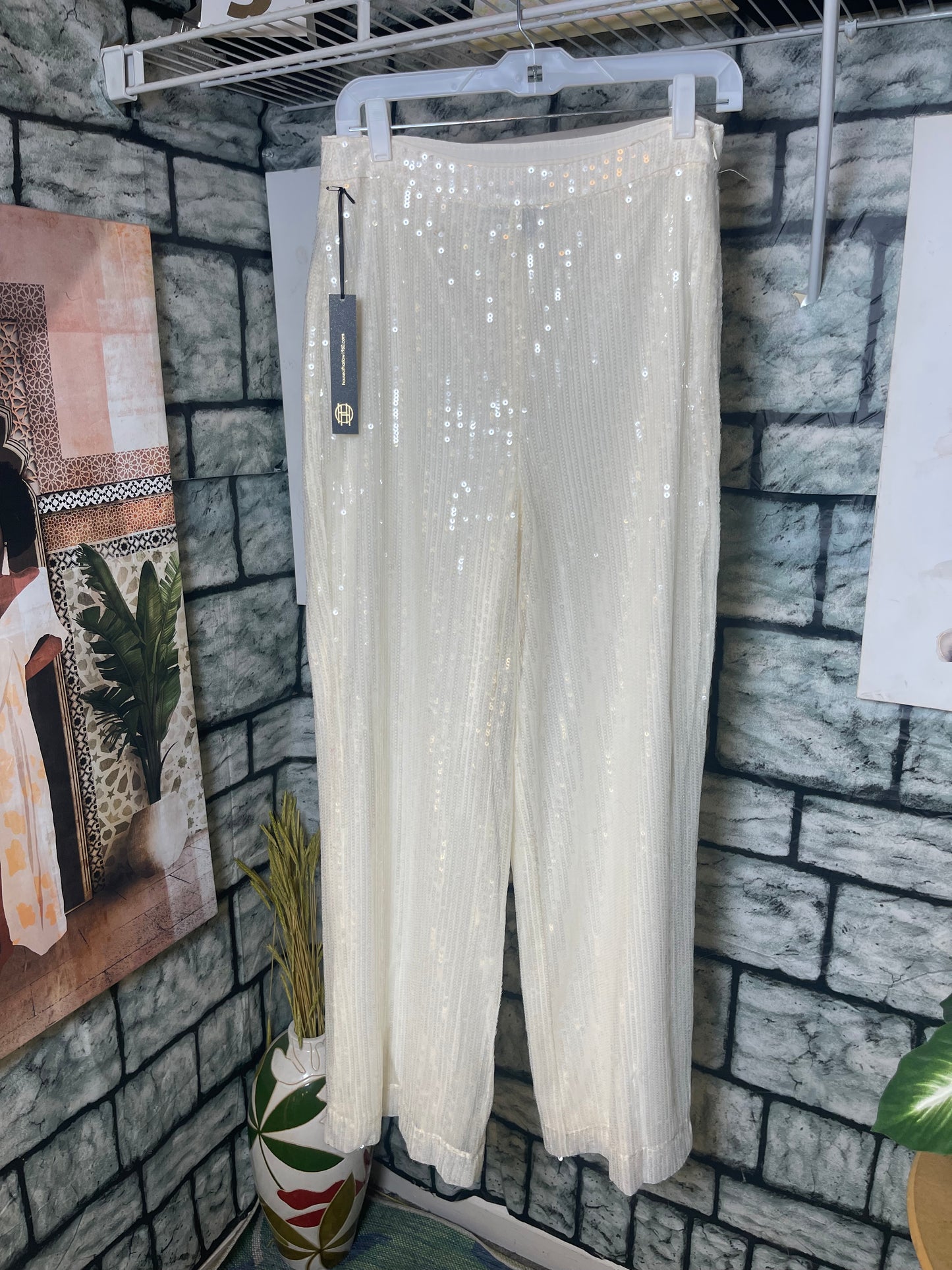 NEW House of Harlow Off White Sequin Pants Women sz 8
