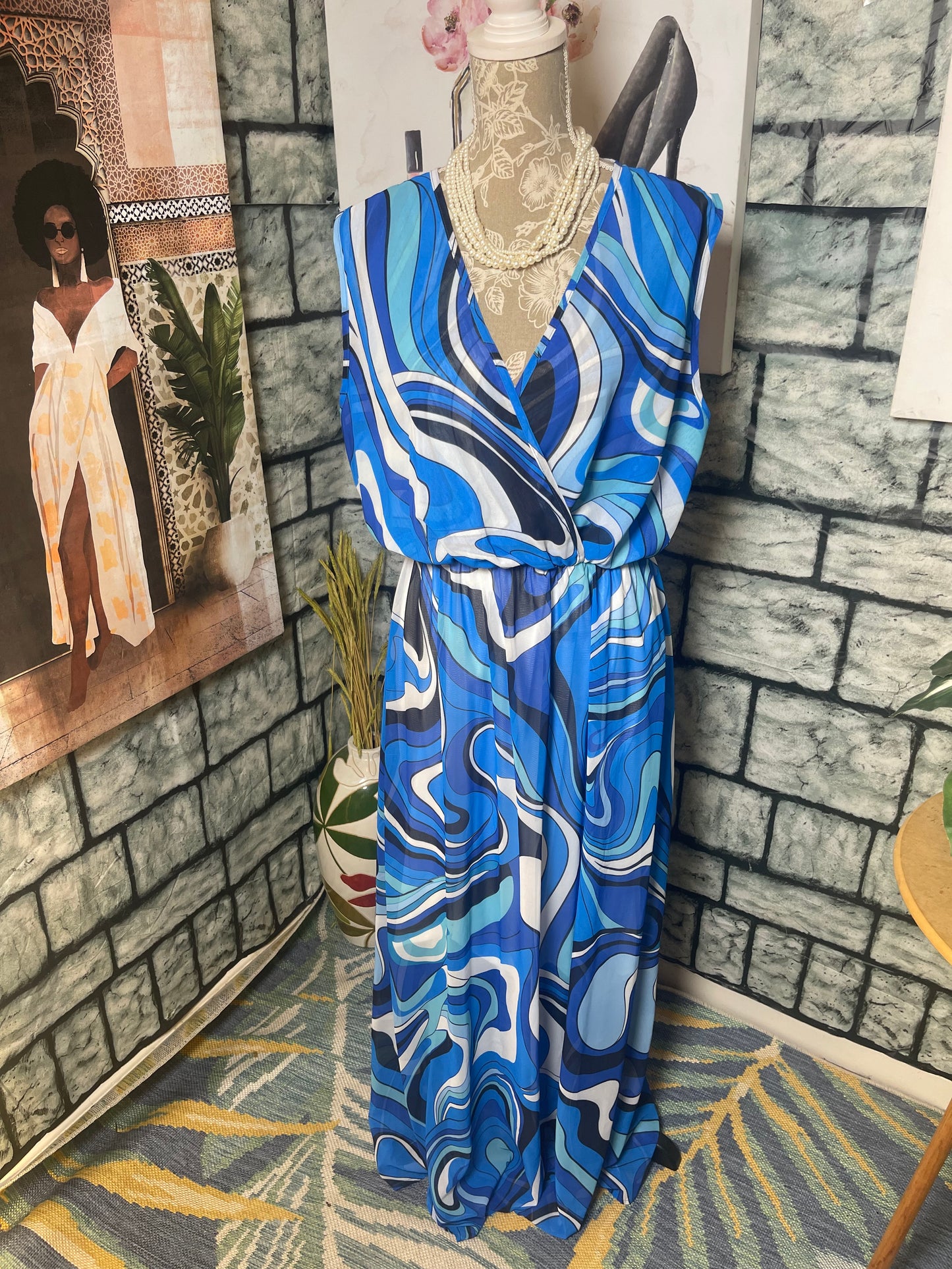 Blue Print Dress Women sz XL